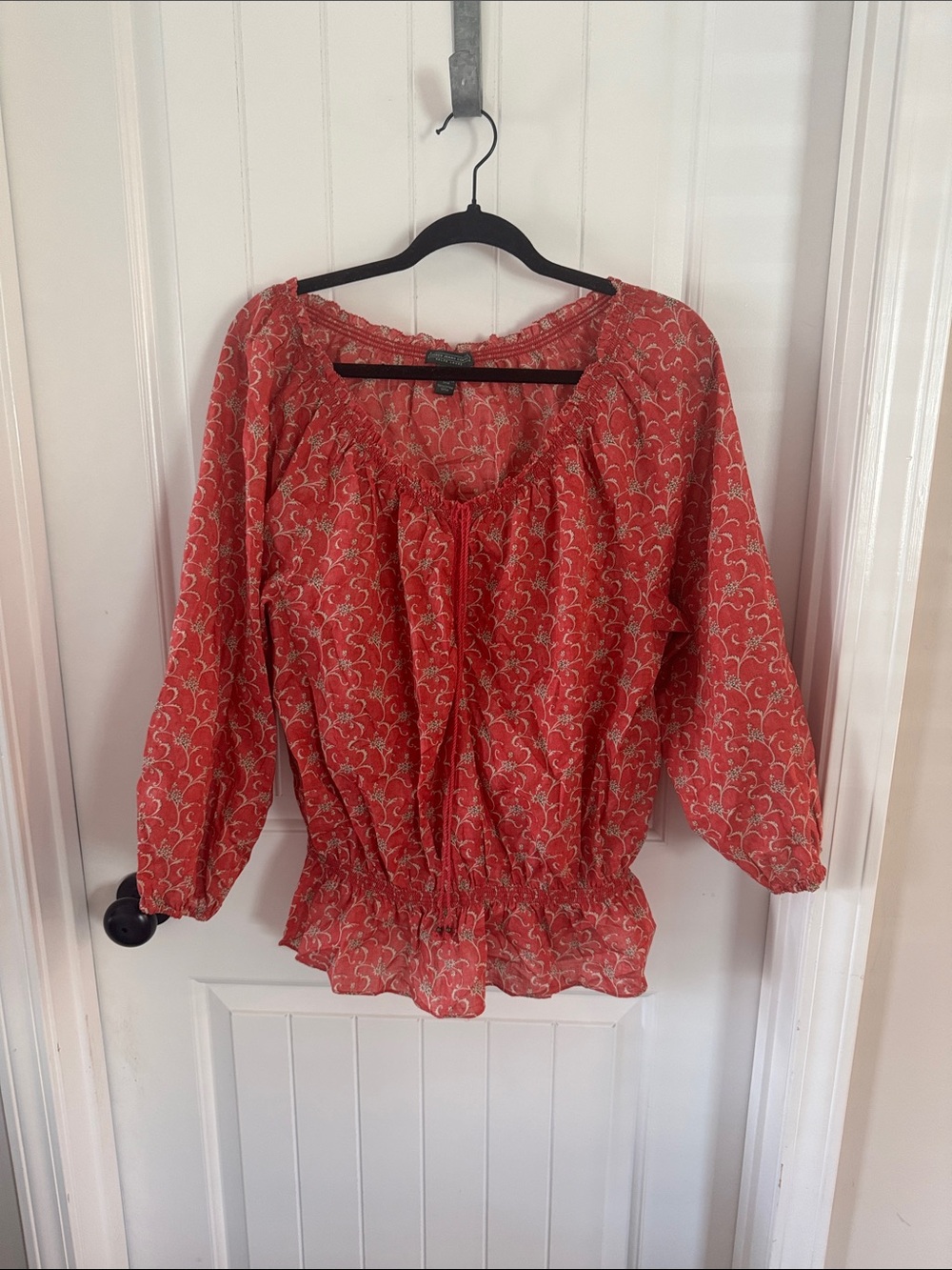 Lauren Jeans Company by Ralph Lauren Coral Red Floral Peasant Blouse 100% Cotton